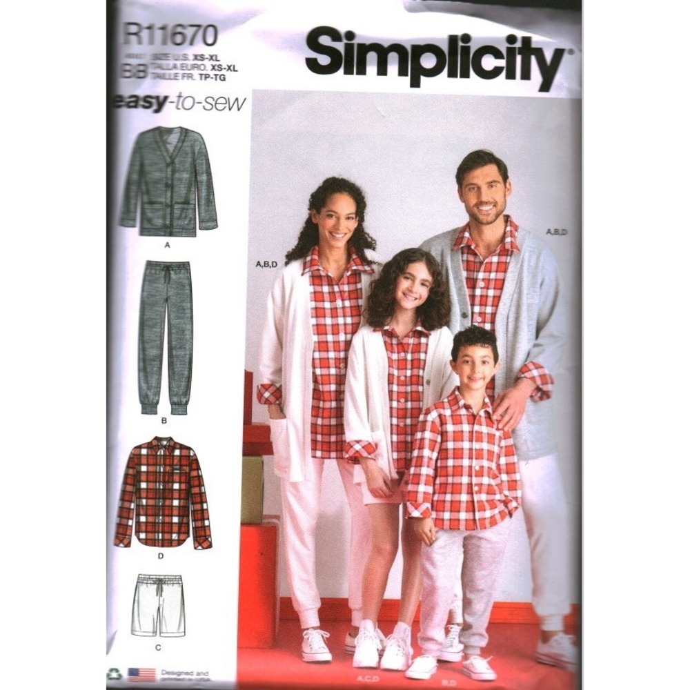 Simplicity R11670 Sewing Pattern Family Lounge Set Cardigan Shirt Joggers XS-XL
